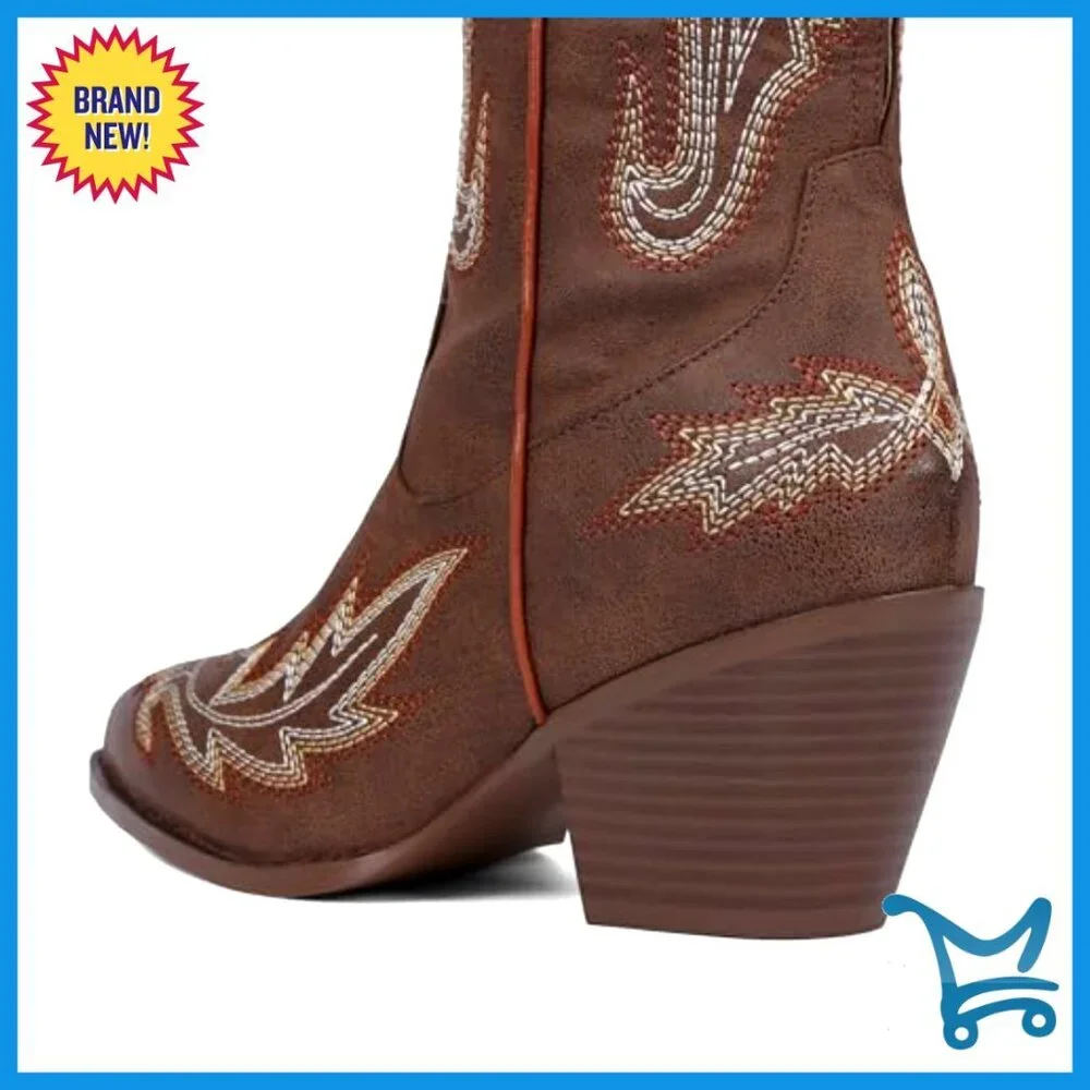 Thigh High Western Boots Pointed Toe Chunky Heel Side Zip Over Knee